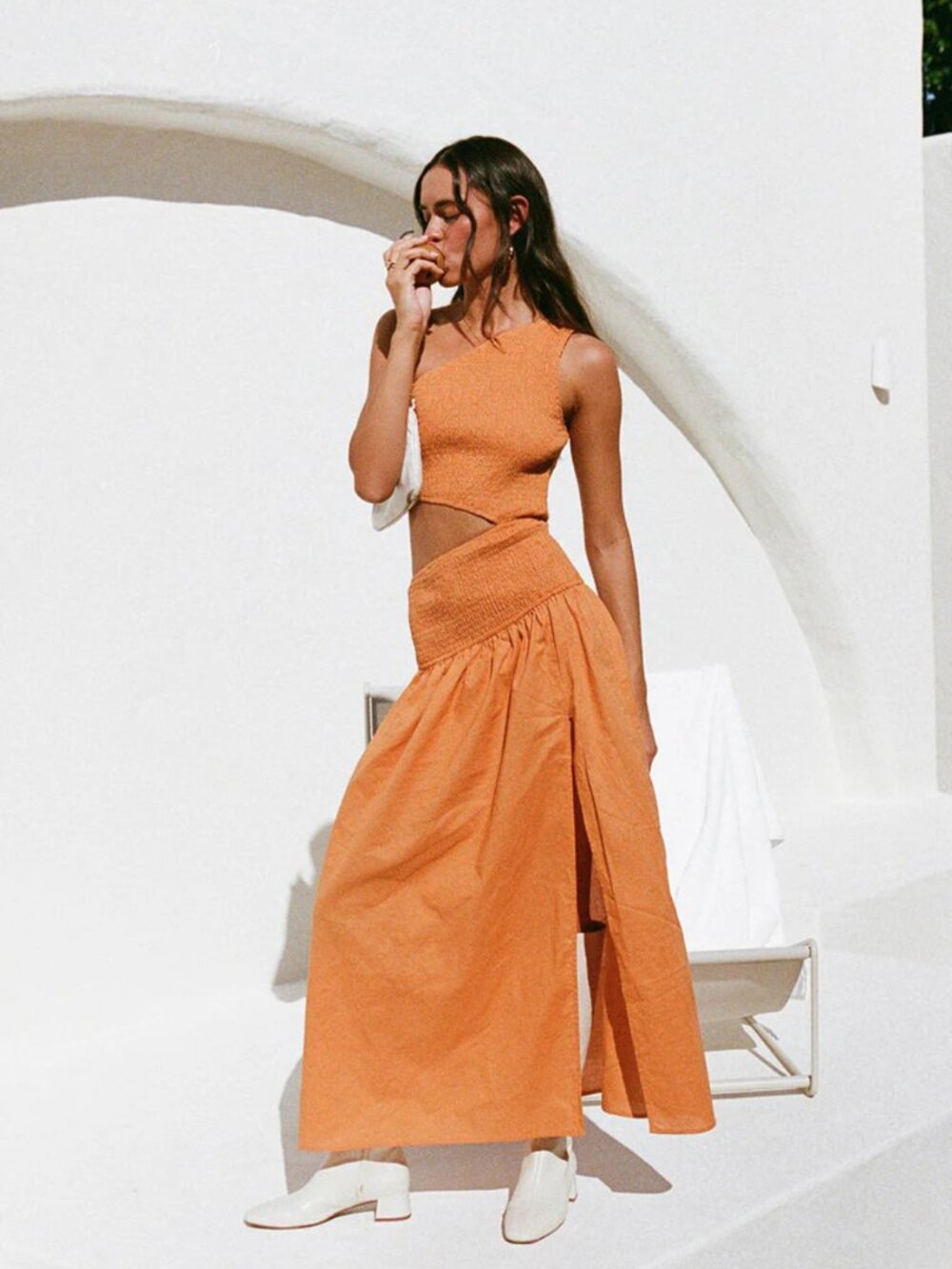 SABO Miki One Shoulder Orange Linen Blend Cutout Midi Dress XS